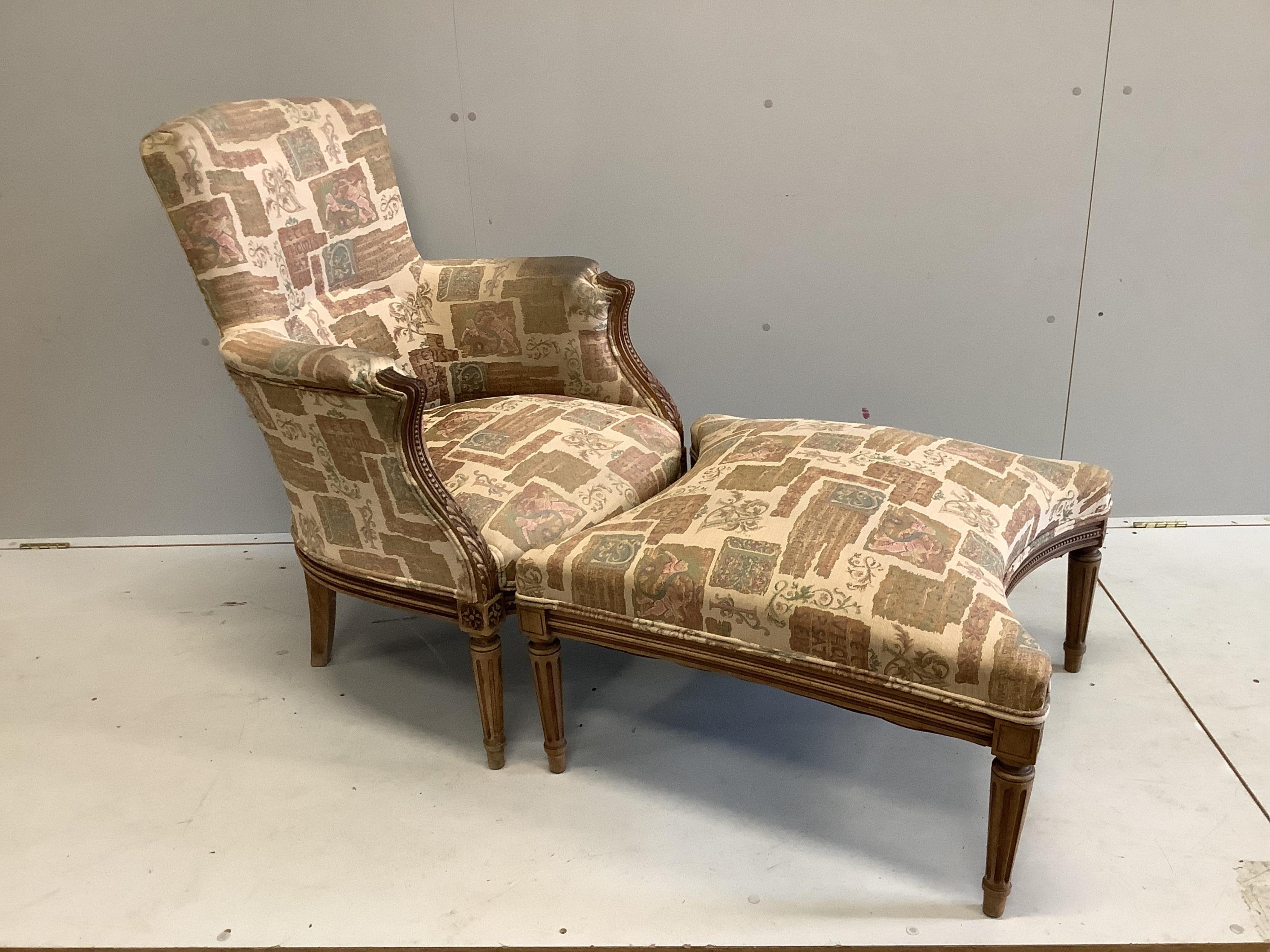 A Louis XVI style carved beech armchair, width 70cm, depth 64cm, height 92cm, together with associated footstool. Condition - fair